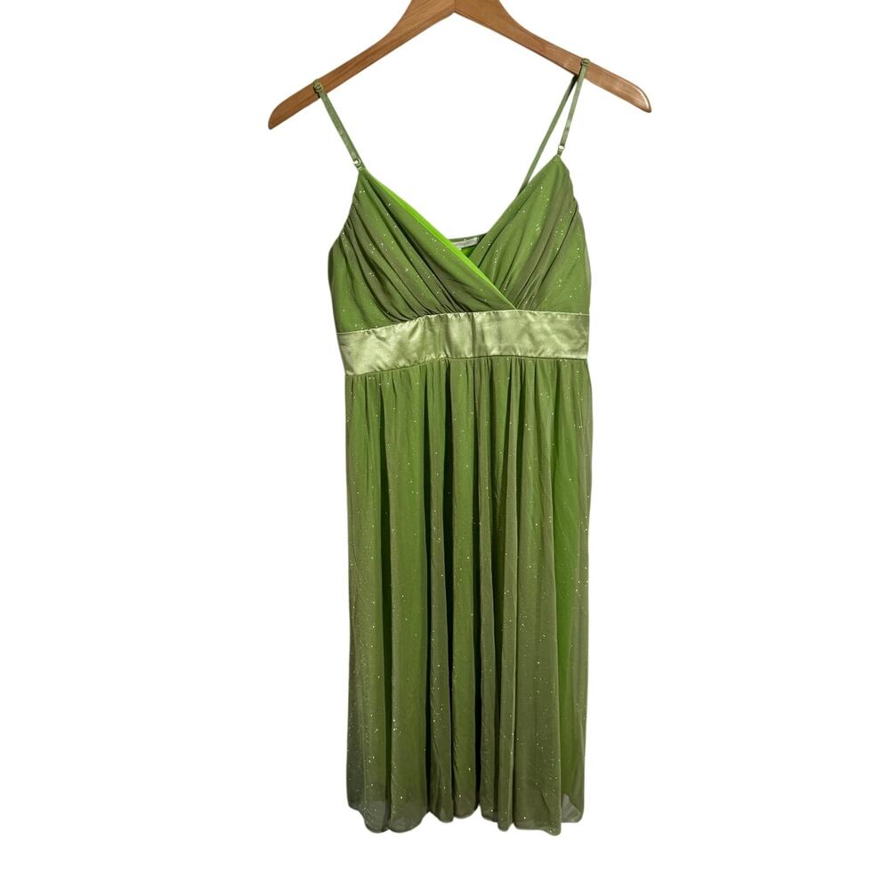 Hot Kiss Y2K Sparkle Formal Prom Tank Dress Women M Lime Green Fairy Ruched Prep